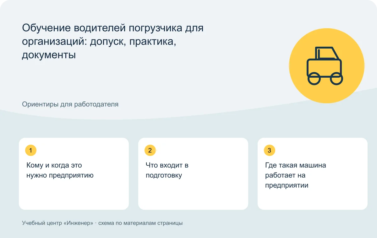 Обучение водителей погрузчика для организаций: допуск, практика, документы — схема основных тем